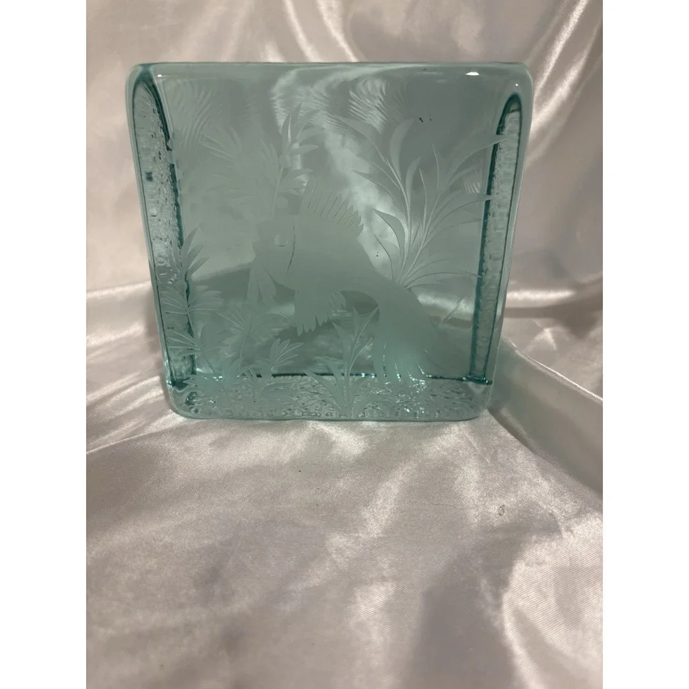 Etched Fish Paperweight Green Ice Block Signed Unique Carved Design